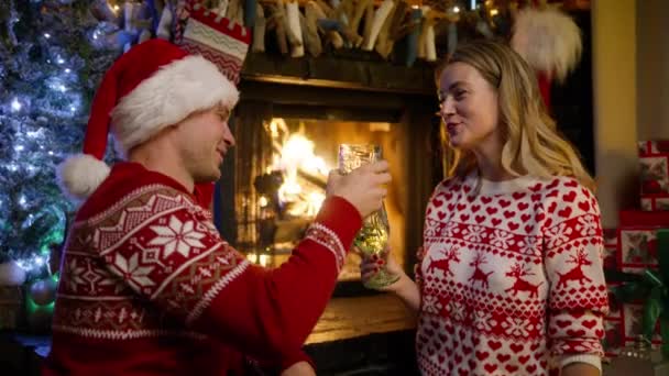 魔法の冬の休暇でクリスマスイブを楽しむ愛で幸せなカップルの本物のショット 休暇と居心地の良い暖炉の背景で時代を超越した愛を祝うためにワイングラスで応援 — ストック動画
