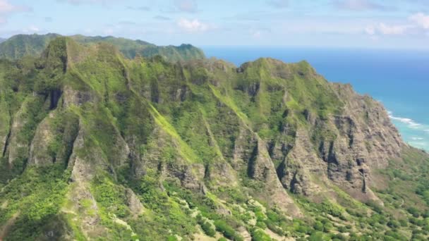 Usa Tourism Background Aerial Green Kualoa Ranch Peaks Oahu Island — Stock Video