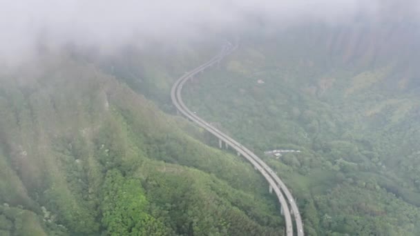 ハワイ島のオアフ島で息をのむような緑の風景を飛ぶドローン 印象的なH3ロードのランドマークの自然景色 風光明媚な緑の山に沿って巻く空気の壮大なハイウェイ — ストック動画