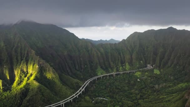 息をのむような風景4K美しいハワイの自然とオアフ島のメインロード 急な緑の山のトンネルまで道路で運転する空中ビューカー 州間高速道路H3 米国で最も高価な高速道路 — ストック動画