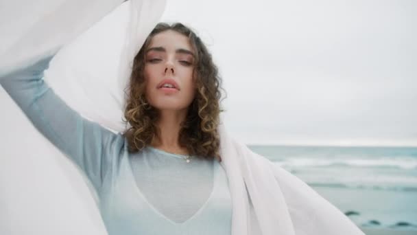 Happy Young Woman Playing Satin Fabric Gloomy Gray Sky Seashore — Stock Video