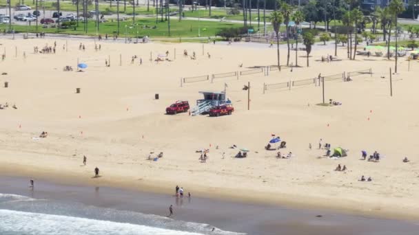 Dron Latający Nad Ludźmi Relaksującymi Się Plaży Santa Monica Kalifornia — Wideo stockowe
