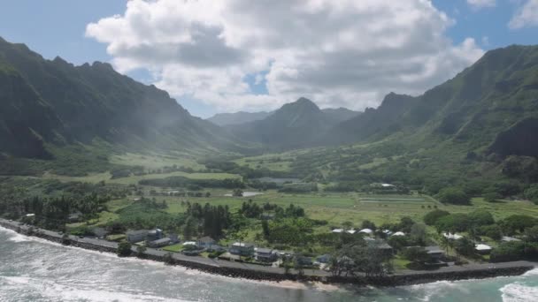 オアフ島の空中Kualoa Ranch Parkで撮影 ドローンの風光明媚な楽園ハワイの自然に沿って飛ぶ 風光明媚な山の風景と緑の熱帯の島 夏休み エキゾチックな旅行先 — ストック動画