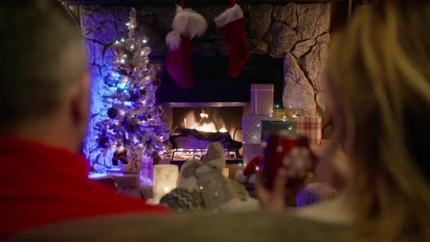 メリークリスマスのゆっくりとした動きのために装飾された部屋の暖炉でリラックスした配偶者のバックビューRedカメラは4Kを撮影しました リビングルームのソファに座ってマグカップでホットティーを飲む家族カップルを閉じる — ストック動画
