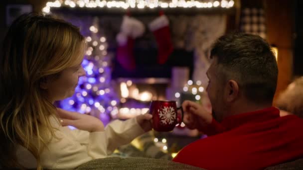 男朋友和女朋友喜欢在圣诞节假期特写时喝热饮和聊天 浪漫的夫妇在寒假时拥抱在一起 两个恋人享受着舒适的壁炉 回头看4K — 图库视频影像