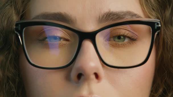 Young Attractive Woman Black Framed Eyeglasses Posing Close Slow Motion — Stockvideo