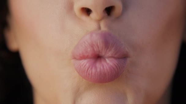 Close Lábios Femininos Enviar Beijos Aéreos Lábios Rosa Completo Bonito — Vídeo de Stock
