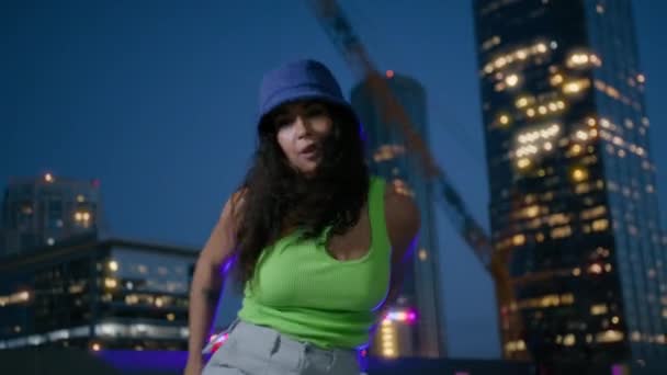 Joyful Cool Female Artist Choreography Downtown Illuminated Night City Background — Stock Video