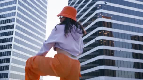Sexiga Afroamerikanska Kvinna Twerks Och Danser Taket Centrum Vid Solnedgången — Stockvideo