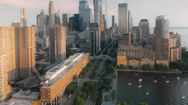 Hudson River Greenway Usa Episk Panorama Över Finansdistriktet Nedre Manhattan — Stockvideo