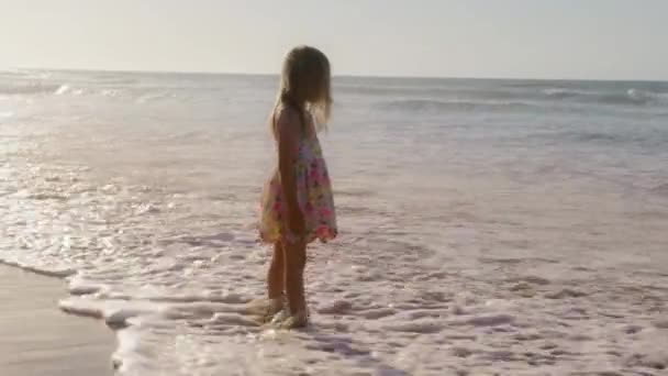 Child Girl Having Fun Sandy Beach Girl Kid Playing Ocean — Stock Video