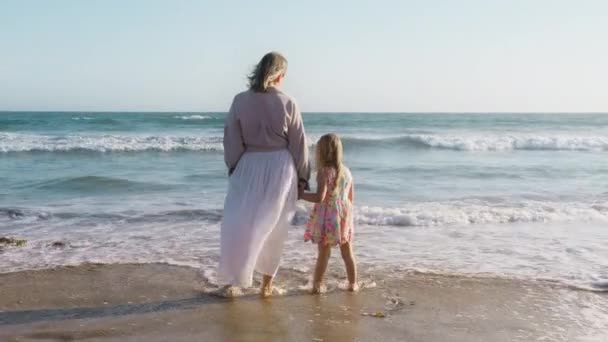 母親と娘のバックビューを一緒に手を保持します 海に立っている母親と少女は 黄金の夕日の間の波を見ています 親と子供 幸せな子供時代 無料のライフスタイル 幸せな家族の概念 — ストック動画