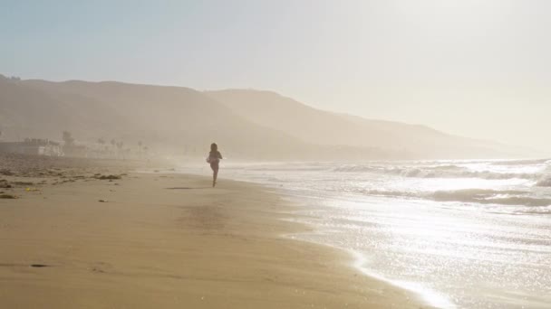 風光明媚な夕日で砂浜で実行している幸せな女の子 Redカメラでスローモーションで撮影された子供の夢のコンセプト 太陽の光で海岸沿いを走る愛らしい子供 幸せな家族の概念 子供の夢 — ストック動画
