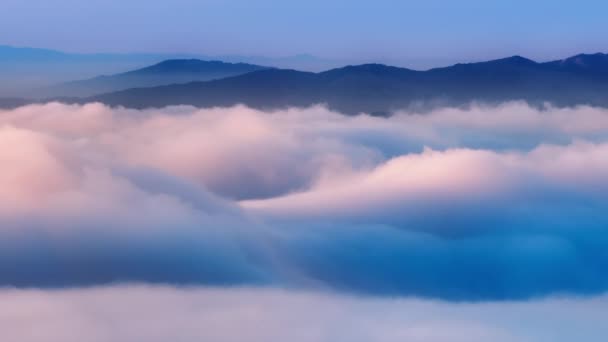 在电影日出期间 在粉红的蓝云上 闪烁着B滚滚的时间薄雾 形成了雾海 多雾的山谷与山脊的性质 时间流逝 美丽的云雾飘扬 空中俯瞰4K — 图库视频影像
