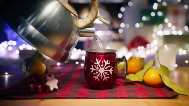Жінка Готує Гарячий Шоколад Затишний Зимовий Вечір Красиво Прикрашеній Різдвяній — стокове відео