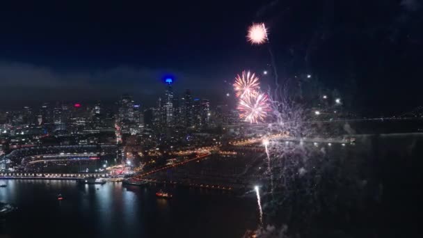 Εναέρια Νυχτερινή Πόλη Σκηνή Του Εορτασμού Ημέρα Ανεξαρτησίας Πυροτεχνήματα Της — Αρχείο Βίντεο