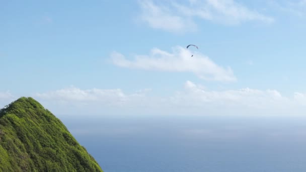 人々のライフスタイル 自由という概念 風光明媚な緑のハワイの山の上にパラグライドを飛ぶ極端なスポーツマンのエピック空中 パラダイストロピカルアイランドオアフ島で最高のスポーツ シネマティックな自然景観 — ストック動画