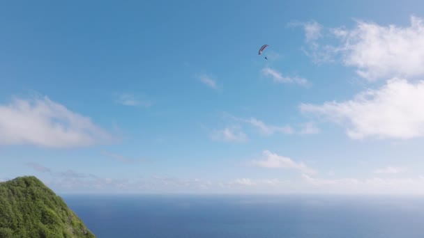 自由という概念 風光明媚な緑のハワイの山の上にパラグライドを飛ぶ極端なスポーツマンのエピック空中 パラダイストロピカルアイランドオアフ島で最高のスポーツ シネマティックな自然景観4K 人々のライフスタイル — ストック動画