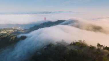 Golden Gate Köprüsü 'nün gündoğumunda San Francisco, California, ABD' de yoğun siste boğuluşunun yukarıdan çekimi. Yeşil dağlardan süzülen sabah sisinin doğal manzarası, hızlandırılmış 4K görüntü.