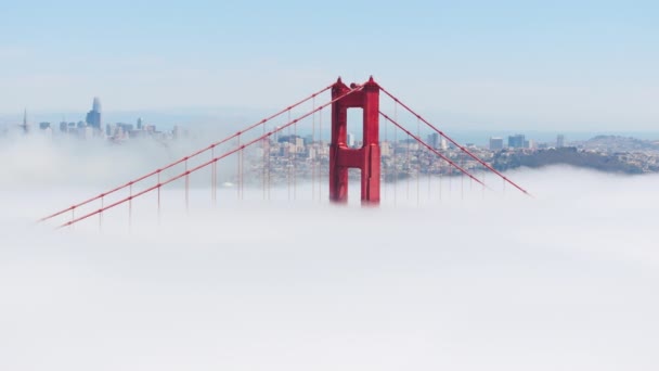 在美国加州旧金山 金门大桥的顶部从云雾中突现出来 早上被浓雾笼罩的卡尔的无人机射中了 背景上的城市天际线 4K段画面 — 图库视频影像