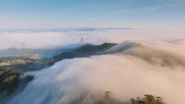 鸟瞰金门大桥在雾中升起 美国加利福尼亚州旧金山 汽笛在云雾中飘扬 滚下山岗 吸气的天然墙纸 4K镜头 — 图库视频影像