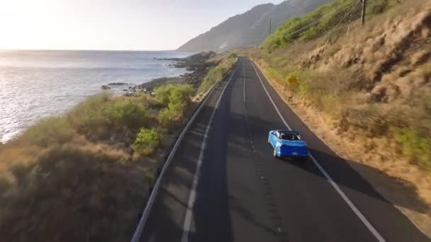 太平洋のハワイの熱帯島の美しい自然 オアフ島の西海岸の空の道路で運転する青いコンバーチブルカー 観光客とのスポーツカーの空中視界 ロードトリップ 夏の冒険 — ストック動画