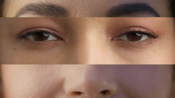 多族女性和男性的眼睛比其他人的脸 看着相机 不同的眼睛粘在不同的人脸上 不同的人 多姿多彩的名人特写 — 图库视频影像