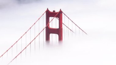 Arka planda San Francisco şehir merkezinde yoğun sis ile kaplı sinematik köprü. Golden Gate Köprüsü 'nün yukarıdaki kırmızı gökyüzü manzaralı beyaz bulut ABD. Helikopter, güneşli bir günde kırmızı köprüde.