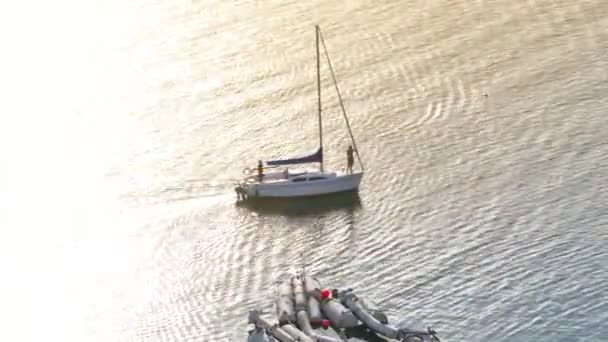 Flybilde Menn Som Flyr Seilbåt Santa Barbara Harbor Ved Solnedgangen – stockvideo
