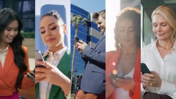 スマートフォンデバイスを使用する多くの異なるビジネスユーザーとのコラボレーション 手の携帯電話を見ている男女の垂直クリップ コミュニケーションインターネットと接続コンセプト4Kバックグラウンド — ストック動画