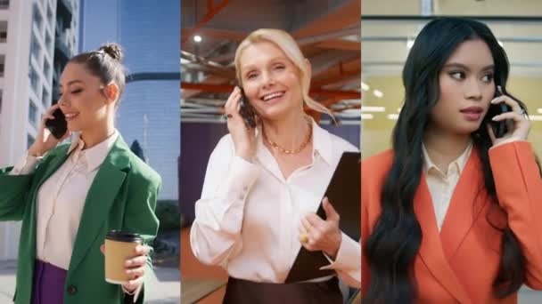 Diverse Donne Che Utilizzano Telefono Cellulare Ufficio All Aperto Lady — Video Stock