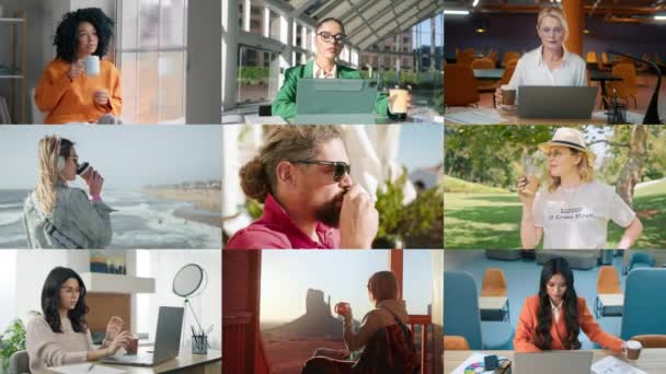 Porträt Zufriedener Kaffeetrinker Collage Verschiedener Frauen Und Männer Trinkt Tee — Stockvideo
