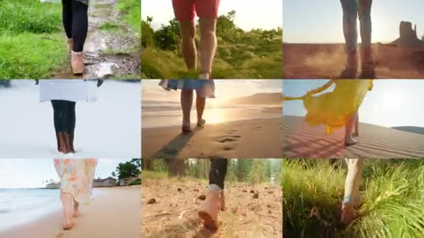 自然の風景の異なる脚のコラージュ ゴールデンサンセットで夏のビーチを歩く裸足の女性 アウトドアブーツの男性観光客は 高緑色の茂みで行く アウトドアウィンターアドベンチャー — ストック動画