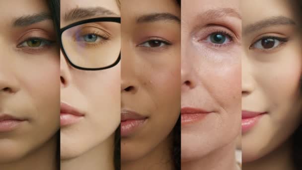 Cerca Diversas Medias Caras Femeninas Collage Mujeres Diferentes Etnias Razas — Vídeo de stock