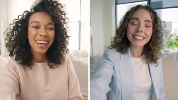 Dos Mujeres Jóvenes Pantalla Dividida Hablando Videollamada Chicas Rizadas Saludando — Vídeo de stock