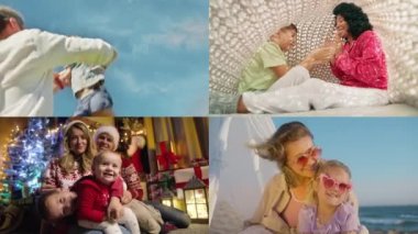 Kolaj mutlu farklı aileler birlikte eğleniyor. Çocuklu gülümseyen ebeveynler. Tatil konsepti. Genç bir aile birlikte eğleniyor. Anne kucağı kızı. Baba 4K ile oynuyor.