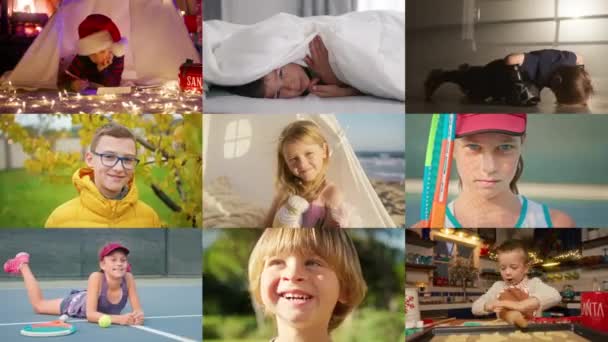 Pozytywny Kolaż Uśmiechniętych Mieszanych Dzieci Wieloetnicznej Grupy Dzieci Różną Płcią — Wideo stockowe