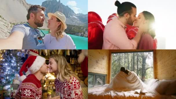 Collage Amanti Felici Giovani Che Flirtano Innamorano Baciano Abbracciano Dolci — Video Stock