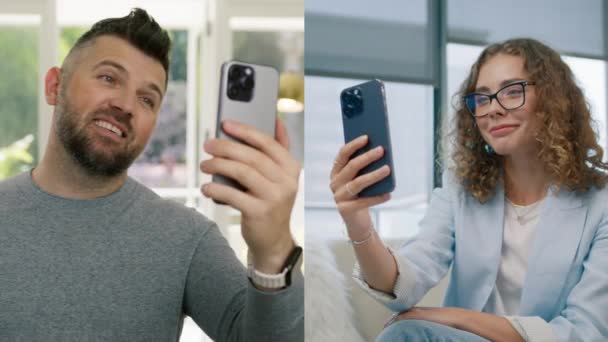 两个积极的人使用智能手机与前面的移动摄像头在线交谈 面带微笑的卷曲女子通过自拍视频电话与男友或丈夫交流 中年男人在屏幕上说话 — 图库视频影像