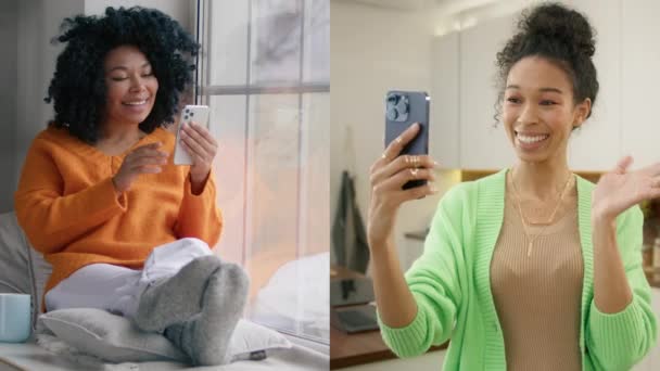 两名年轻的非洲裔美国女孩在网上用智能手机对着前置摄像头挥手打招呼 自拍的有色人种女性通过视频通话与朋友交流 — 图库视频影像