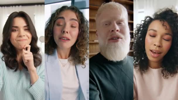 Quatre Personnes Appel Vidéo Diverses Personnes Sur Écran Partagé Parlant — Video
