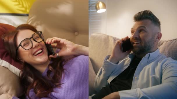 リビングでスマートフォンで話す中年のハンサムな男 ロマンチックなデートの夜を議論する陽気なカップル ソファーに快適に横たわる電話でボーイフレンドとコミュニケーションする若い女性を浮かべる — ストック動画