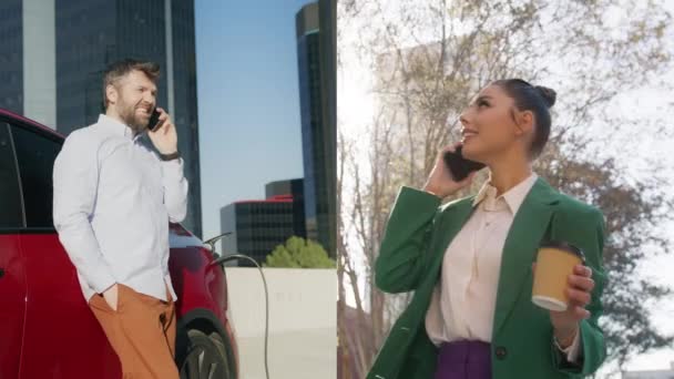 分屏蒙太奇两名专业人员在户外通过电话交流 年轻女人走路的时候用手机 给电动车充电的同时 用智能手机微笑的商人 — 图库视频影像