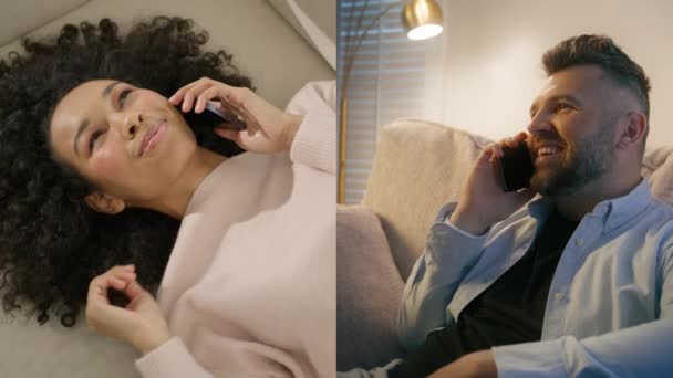 翻滚的混血卷曲的女人躺在沙发上通过电话与男朋友交流 中年英俊男子在客厅里用智能手机说话 一对浪漫的情侣通过手机的距离交谈 — 图库视频影像