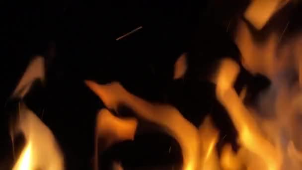 Makro Záběr Ohně Plameny Hořící Černém Pozadí Vzduchu Vznášely Jiskřící — Stock video