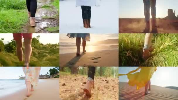 Kolaż Różnych Nóg Krajobrazach Przyrody Kobieta Boso Przechadzająca Się Letniej — Wideo stockowe