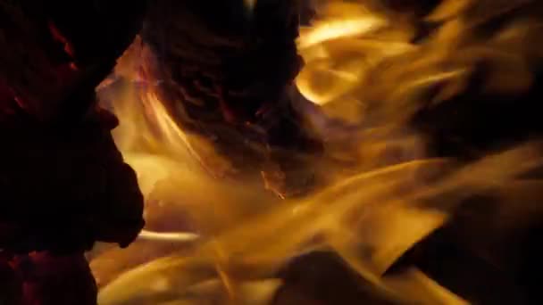 Pystysuora Kuva Polttopuiden Polttamisesta Nuotiossa Lähemmäs Hehkuvia Hiilloksia Kipinöitä Pimeässä — kuvapankkivideo
