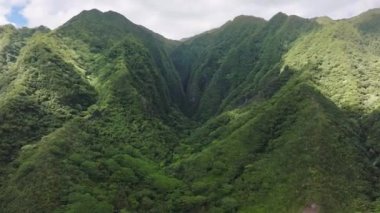Oahu North Shore 'daki Kutsal Şelale Parkı. Hawaii adalarındaki açık hava macerası manzarası. Hauula Orman Koruma Alanı. Sinema yeşili Sacred Falls Vadisi manzara turizmi.