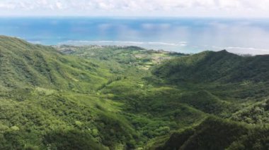 Sacred Falls Eyalet Parkı 'nın ve Oahu Kuzey Kıyısı' ndaki mavi okyanusun havadan görüntüsü. Hawaii 'de açık hava macerası. Hauula Orman Rezervi 4k. Sinema yeşili Sacred Falls Valley manzara turizmi.