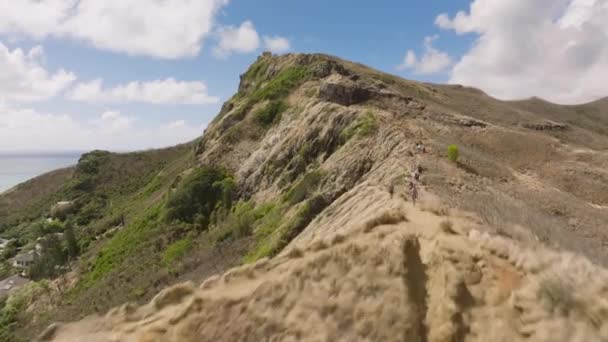 徒步旅行者探索富有挑战性的路线 兰尼凯 皮箱带着令人叹为观止的景色远足 夏威夷瓦胡岛的开华海岭小径 在Kailua海滩公园欣赏如画的Lanikai石碑径的市民 — 图库视频影像